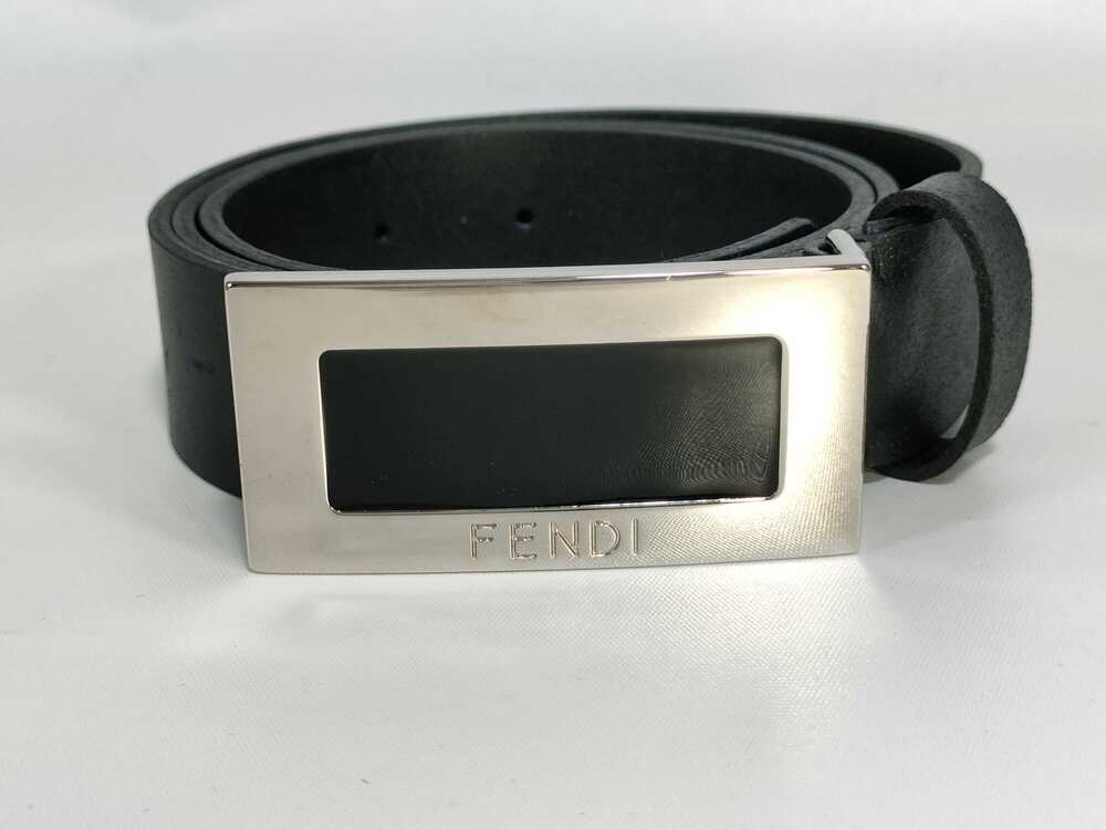 Fendi Black Leather Belt Silver Engraved Rectangular Buckle Classic NWOT Luxury